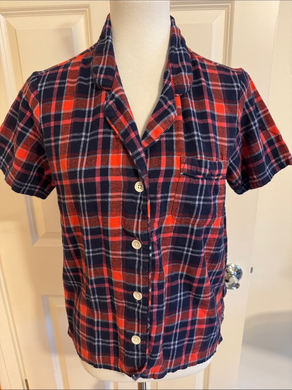 Pact Woman Short-Sleeve Plaid Button-Front Shirt in Red & Navy